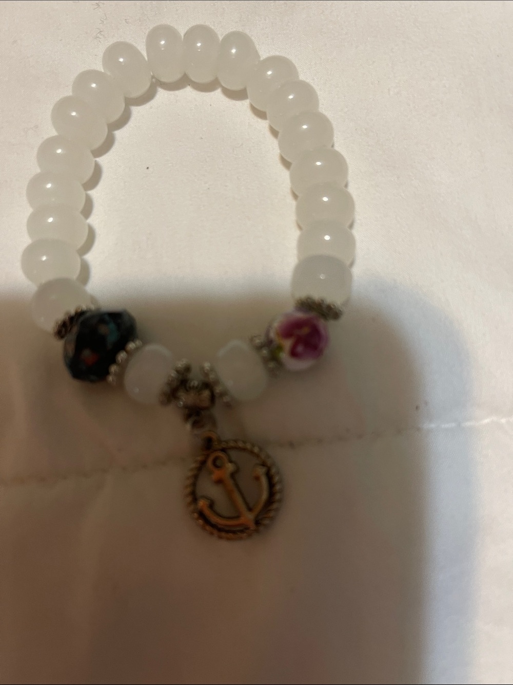 White Beaded Charm Bracelet with Anchor Pendant